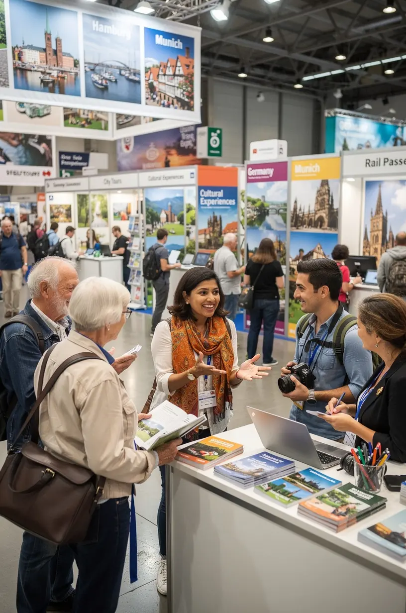 Karte Deutschlands mit eingezeichneten Routen und Symbolen für kulturelle Highlights und Transportwege.